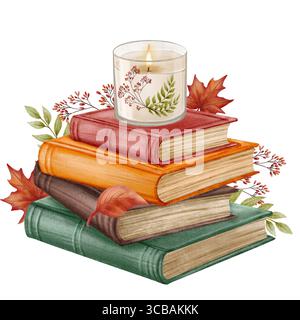 Eine brennende Kerze steht auf einem Stapel Bücher, umgeben von Herbstdekor. Die Abbildung erfolgt im Aquarellstil mit weichen Texturen Stockfoto