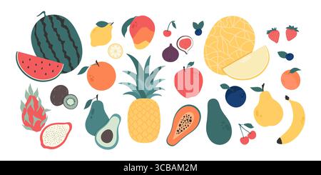 Minimalistische Früchte und Beeren in flachem Stil. Verschiedene handgezeichnete Gärten und tropische Früchte und Beeren. Vektorabbildung Stock Vektor