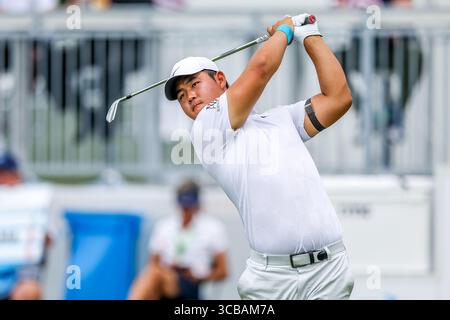 12. Mai 2023: Tom Kim trifft seinen Abschlag auf das 7. Loch während der zweiten Runde des AT&T Byron Nelson Golfturniers auf der TPC Craig Ranch in McKinney, Texas. Graues Siegel/CSM (Foto: © graues Siegel/CSM via ZUMA Press Wire) Stockfoto