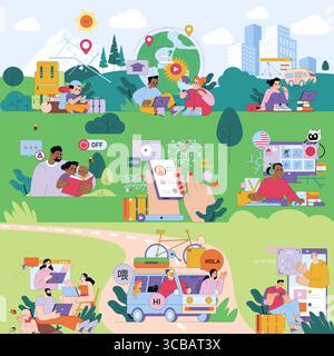 Vektor-Illustration, die digitale Nomaden zeigt, die in verschiedenen Außenbereichen arbeiten, Online-Schulungen, globale Reisen und Lifestyle-Aktivitäten durchführen. Charaktere interagieren mit Technologie und bieten moderne Konnektivität. Stock Vektor