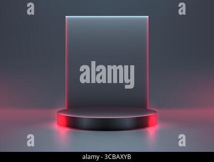 Dramatische Produktpräsentation mit schwarzem Zylindersockel mit leuchtend roten und blauen Neonlichtern in einem futuristischen Showroom, ideal für High-Tech-Mocku Stock Vektor