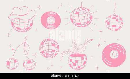 Disco Set trendige y2k Junggesellinnenabschied Tattooskizze. Discokugel mit Hut, Vinyl, Kirschdisco-Set. Doodle glänzende Nachtleben Musik Illustration. Groovige 2000-Party. Vektorabbildung Stock Vektor