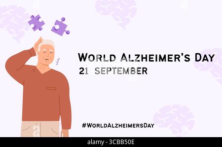Horizontales Banner des Welt-alzheimer-Tages-Bewusstseins mit einem älteren Mann, der sich unwohl fühlt, verwirrt, Anzeichen von Gedächtnisverlust. Das Konzept der Demenzerkrankung Stock Vektor