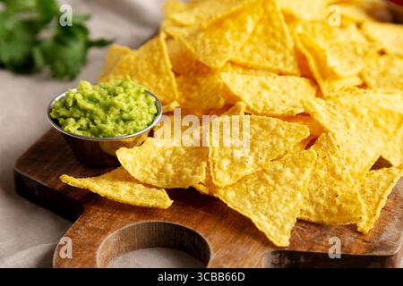 Hausgemachte Maistortilla Chips mit Tomatensalsa und Guacamole Stockfoto