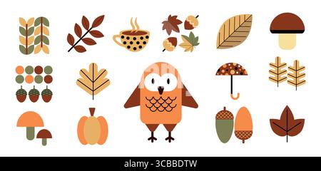 Set mit Herbstsymbolen in flachem geometrischem Stil. Blätter, Beeren, Pilze, Nuss, Kürbis, Gemüse im Bauhaus-Stil. Sammlung flacher Symbole. Vektorabbildung. Stock Vektor