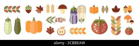 Set mit Herbstsymbolen in flachem geometrischem Stil. Blätter, Beeren, Pilze, Nuss, Kürbis, Gemüse im Bauhaus-Stil. Sammlung flacher Symbole. Vektorabbildung. Stock Vektor