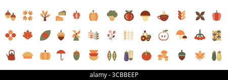 Set mit Herbstsymbolen in flachem geometrischem Stil. Blätter, Beeren, Pilze, Nuss, Kürbis, Gemüse im Bauhaus-Stil. Sammlung flacher Symbole. Vektorabbildung. Stock Vektor