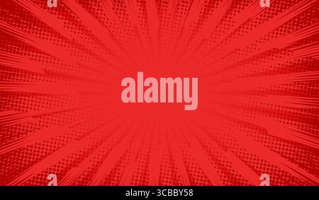 Roter Comic-Hintergrund. Art Pop-Comic-Buch. Punktemuster im Halbton. Verkaufsbanner. Anime-Textur. Sunburst Manga-Stil bg. Superhelden-Farbpopart Stock Vektor
