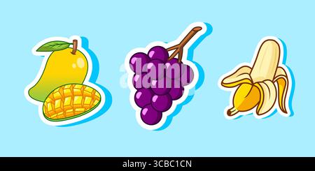 Satz Aufkleber Früchte Mango, Trauben und Bananen Vektor Illustration Cartoon Design Stock Vektor