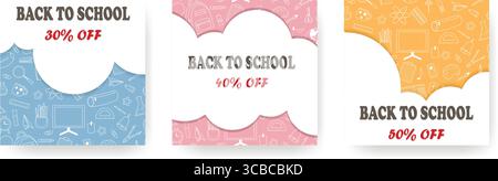 Back-to-School-Layout für quadratische Säulen. Vorlage mit Schreibwaren und Schulbedarf und Cloud mit Text. Schuldesign von Plakat, Banner, Ankündigung Stock Vektor