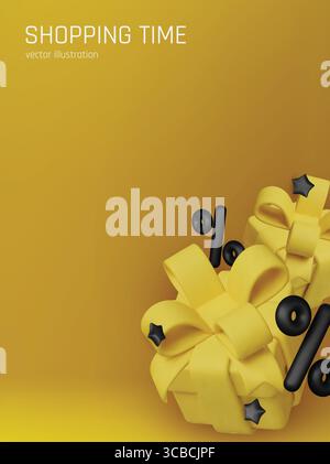 Gelbe 3D-Präsentation mit Rabattsymbolen auf goldenem Hintergrund. Stock Vektor