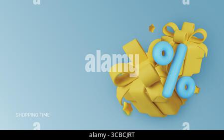 3D Gelb mit Rabattsymbolen auf blauem Hintergrund. Stock Vektor