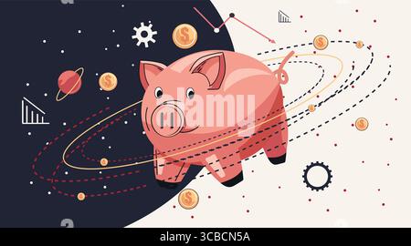 Schweinebank Wirtschaftskrise Rezession Konzept Schweinebank schwimmt im Raum umgeben von fallenden Münzen sinkende Grafiken Getriebe abstrakten Hintergrund Stock Vektor