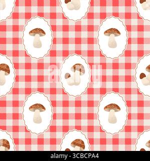 Coquette Trellis herbstliches nahtloses Muster mit weißen Pilzen auf einem karierten Hintergrund. Rustikales Vektordesign Im Vintage-Stil. Stock Vektor