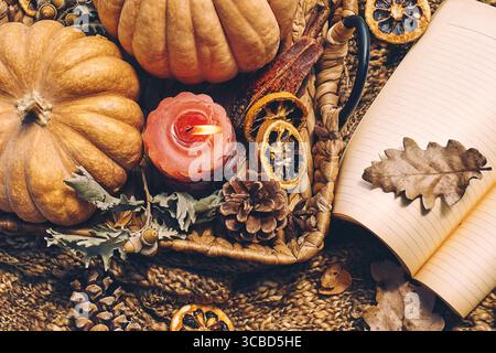 Kuschelig warme Herbstkomposition mit brennender Kerze und Kürbissen auf gestricktem Wollkariert. Einrichtung im Herbst. Herbststimmung. Erntedankfest. Halloween. Stockfoto