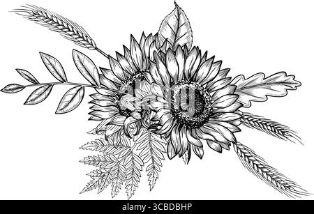 Sonnenblumen mit Spikelets und Herbstlaub. Vektor-Illustration von Herbstblumen und Weizen gemalt durch schwarze Tinten für Erntefest Grußkarten oder Blumenhochzeiteinladungen. Lineare Zeichnung. Stock Vektor