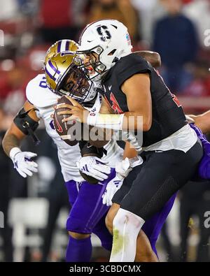 28. Oktober 2023, Stanford, Kalifornien, USA: Washingotn Huskies entließ Stanford Cardinal Quarterback Myles Jackson (9) während des vierten Quartals beim NCAA-Fußballspiel Washington Huskies gegen Stanford Cardinal im Stanford Stadium. (Bild: © Jose Moreno/ZUMA Press Wire) Stockfoto