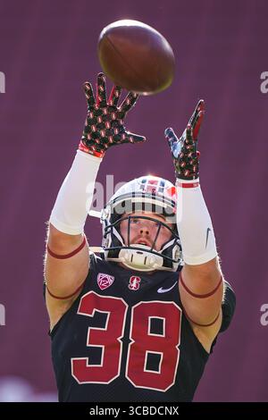 28. Oktober 2023, Stanford, Kalifornien, USA: Stanford Cardinal läuft zurück BRENDON BARROW (38) während des Vorspiels beim NCAA-Fußballspiel Washington Huskies vs Stanford Cardinal im Stanford Stadium. (Bild: © Jose Moreno/ZUMA Press Wire) Stockfoto