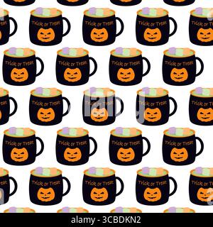 Halloween Tasse mit Kürbis Trick or Treat Text auf der Vorderseite mit Trank, Marshmallow. Nahtloses Muster. Isolierte Vektor-Illustration Halloween Gruß Fond thematisiert verwandte Inhalte, Flugblätter, Poster, Tag Stock Vektor