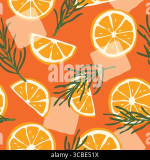 Spritz Cocktail nahtloses Muster mit orangen Scheiben, Rosmarinzweigen und Eiswürfeln; Sommer Party Hintergrund - Vektor Illustration Stock Vektor