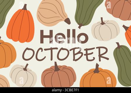 hallo oktober Text umgeben von bunten Herbstkürbissen; perfekt für saisonale Grußkarten, Kalender, Herbstmotive - Vektorillustration Stock Vektor