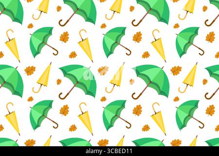Nahtloses Herbstmuster mit grünen und gelben Regenschirmen mit herabfallenden Blättern in trendigem Design. Illustration der Herbst-Saison in flachem Stil. Stock Vektor