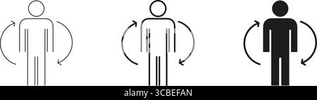 Menschliche Figur Mit Pfeilen Fest Symbolsatz. Körperbewegung, Flexibilität Und Körperliche Aktivität – Outline And Silhouette Symbol Collection. Gesundheit Und Stock Vektor