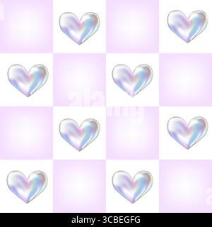 Abstraktes, nahtloses Mädchenmuster im Y2K-Stil. Dreidimensionale Metallherzen auf kariertem rosa und weißem Hintergrund. Holografische 3D-Retro-Vorlage. 3D-Blase aus Chrom. Stock Vektor
