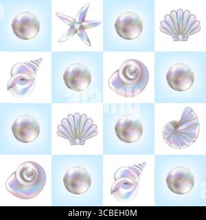 Nahtloses Muschelmuster im Y2K-Stil. Dreidimensionale Muschel mit Perlen und Muscheln auf Pastellblau kariertem Hintergrund. Holografische 3D-Retro-Vorlage. 3D-Blase aus Chrom. Stock Vektor