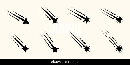 Skurrile Sternschnuppen und Kometensilhouetten im flachen Y2K-Stil. Glitzernde Wanderwege und dekorative Symbole für Galaxien, festliche Einladungen oder Fant Stock Vektor