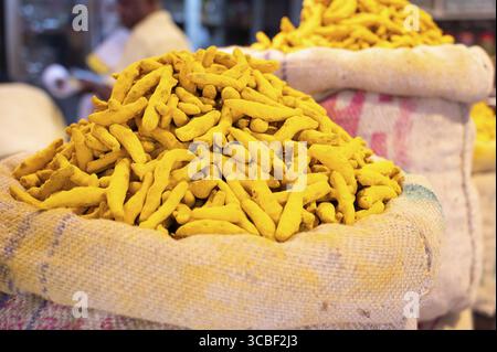 Kurkuma-Wurzelgewürze zum Verkauf auf einem Gewürzmarkt in Indien, frische Curcuma-Zutaten zum Kochen indischer Speisen Stockfoto