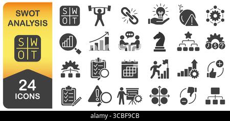 Symbolgruppe SWOT Analysis (SWOT-Analyse). Stärken, Schwächen, Chancen und Bedrohungen. Geschäftspräsentationen, Planung, Strategie, Infografik-Symbolsammlung. Stock Vektor