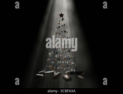 3D-Rendering eines abstrakten, spiralförmigen Weihnachtsbaums aus hängenden Sternen und Kugeln mit gewickelten Geschenken unter einem hellen, trüben Spotlight auf einem schwarzen Hintergrund Stockfoto