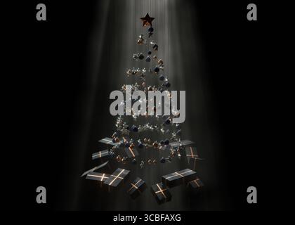 3D-Rendering eines abstrakten, spiralförmigen Weihnachtsbaums aus hängenden Sternen und Kugeln mit gewickelten Geschenken unter einem hellen, trüben Spotlight auf einem schwarzen Hintergrund Stockfoto