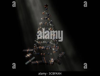 3D-Rendering eines abstrakten, spiralförmigen Weihnachtsbaums aus hängenden Sternen und Kugeln mit gewickelten Geschenken unter einem hellen, trüben Spotlight auf einem schwarzen Hintergrund Stockfoto
