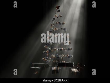 3D-Rendering eines abstrakten, spiralförmigen Weihnachtsbaums aus hängenden Sternen und Kugeln mit gewickelten Geschenken unter einem hellen, trüben Spotlight auf einem schwarzen Hintergrund Stockfoto
