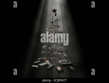 3D-Rendering eines abstrakten, spiralförmigen Weihnachtsbaums aus hängenden Sternen und Kugeln mit gewickelten Geschenken unter einem hellen, trüben Spotlight auf einem schwarzen Hintergrund Stockfoto