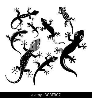 Silhouetten von Gecko-Echsen mit stilisierten Elementen auf weißem Hintergrund Stock Vektor