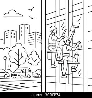 Arbeiter, die Fenster an hoher Gebäudefassade reinigen. Stock Vektor