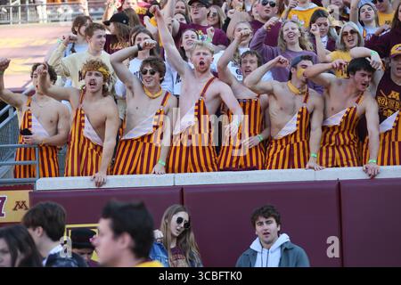 29. Oktober 2022, Minneapolis, Minnesota, USA: Fußballfans der Minnesota Golden Gophers reagieren vor der ersten Halbzeit zwischen den Minnesota Golden Gophers und den Rutgers Scarlet Knights im Huntington Bank Stadium. Obligatorischer Ausweis: Bruce Fedyck Zuma Press (Bild: © Bruce Fedyck/ZUMA Press Wire) Stockfoto