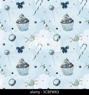 Winterblaue Weihnachtsbonbons. Nahtloses Aquarellmuster mit blauem Hintergrund. Stockfoto