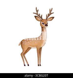 Aquarellhirsch mit Geweih isoliert auf weißem Hintergrund. Handgezeichnete Illustration mit Aquarell. Handgezeichnetes Designelement. Neujahr und weihnachten styl Stockfoto