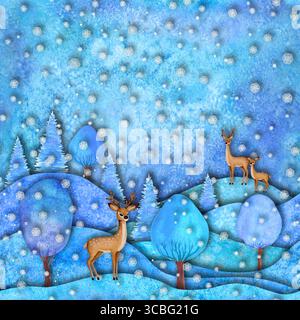 Frohes neues Jahr und frohes weihnachtsmuster. Aquarell handgezeichnete Hügel, Hirsche, Bäume, Schneeflocken auf blauem blaublaublauem Hintergrund für Banner, Poster Stockfoto