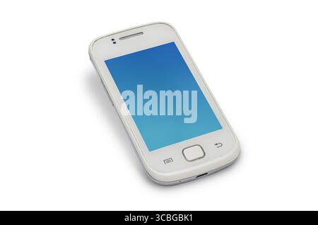 Altes weißes Samsung Flip-Telefon. Altes Mobiltelefon benutzt. Konzept der Verwendung und des Recyclings von Elektronikschrott. Draufsicht, weißer Hintergrund isoliert. Stockfoto