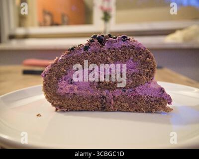 Selbstgebackenes Sommerdessert an einem warmen Sommerabend. Köstliche Schokoladenroulade mit Heidelbeerfüllung. Stockfoto
