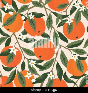 Tropisches nahtloses Muster mit Orangen. Frucht wiederholte Hintergrund. Vektor-heller handgezeichneter Druck für Stoff oder Tapeten. Stock Vektor