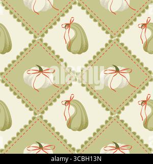 Herbstliches, nahtloses Patchwork-Muster mit Kürbissen und Schleifen. Vektorillustration für Decke, Geschenkpapier, Textildesign oder so. Stock Vektor