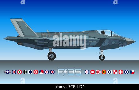 F-35 Lightning II Überschallflugzeug, Tarnkampfkämpfer, farbige Silhouette mit den Cockaden der Luftstreitkräfte der Welt Stock Vektor