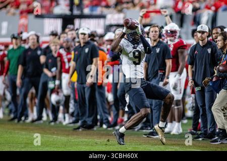 5. November 2022: Der Wake Forest Demon Deacons Wide Receiver A.T. Perry (9) holt sich in der zweiten Hälfte des NCAA-Fußballspiels im Carter-Finley Stadium in Raleigh, North Carolina, den Fang an der Seitenlinie gegen den North Carolina State Wolfpack. (Scott Kinser/CSM) (Bild: © Scott Kinser/CSM via ZUMA Press Wire) Stockfoto