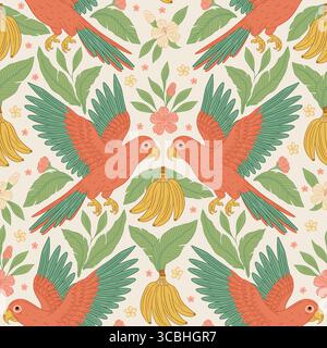 Vintage WhimsiVintage skurrile Papageienbanane nahtlose tropische Vektormuster mit rosa Blumen exotische Blätter Sommer Stylecal Papageienbanane nahtlose tropische Vektormuster mit rosa Blumen exotische Blätter Sommer Stil. Vektorabbildung Stock Vektor